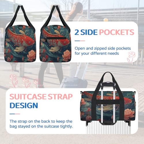 Koi Fish Pattern Sports Duffle Bag for Women Men Waterproof Overnight Weekender Bag with Adjustable Strap Travel Tote Bags for Beach Yoga Work Dance Swim4