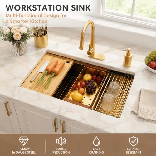 Image of LQS Gold Kitchen Sink, 32 Inch Gold Undermount Kitchen Sink, 32 inch x 19 inch Stainless Steel 16 Gauge Kitchen Sinks with Pratical Accessories For Luxury Kitchens, Round Corner and X Drain Line