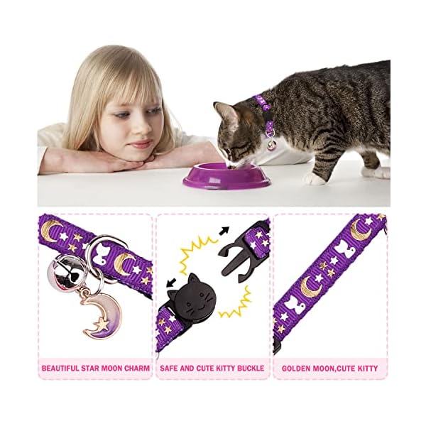 Hinialver 4 pcs cat collars with bell breakaway gold moons and stars adjustable safety kitten collars with charm glow in the dark - image 3