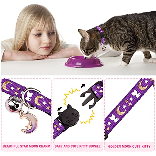 Hinialver 4 pcs cat collars with bell breakaway gold moons and stars adjustable safety kitten collars with charm glow in the dark 2 Hinialver 4 pcs cat collars with bell breakaway gold moons and stars adjustable safety kitten collars with charm glow in the dark - image 3