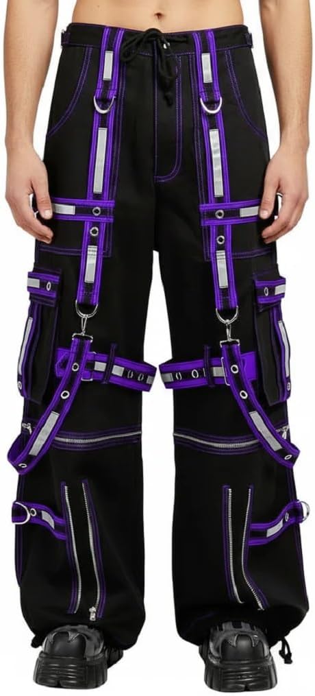 Gothic Cargo Pants, Black with Purple Straps, Reflector Baggy Cyberpunk Style, Rave Festival Streetwear, Harness Design