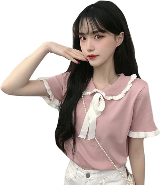 Amazon Ppeireeｔシャツ 半袖 レディース 夏服 トップス ニット ちょう結び 上着ｔシャツ おしゃれ カットソー 少女 トップス サマー ニットトップス 森ガール 可愛いピンクf Tシャツ カットソー 通販