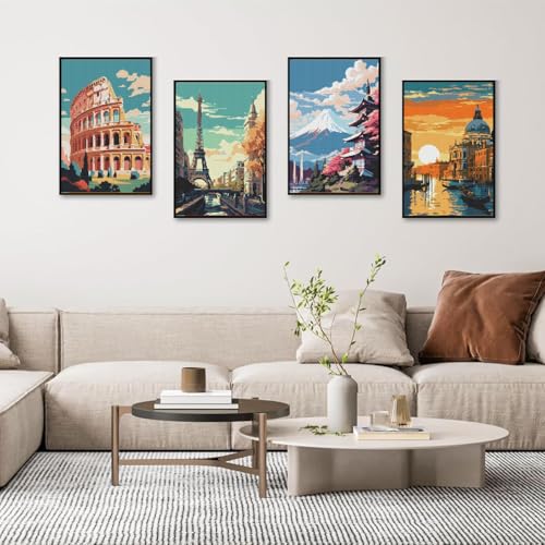 Image of Eiazuiks 4 Packs Stamping Cross Stitch Kit, Cityscape Counting Cross Stitch Kit for Adult Beginners, Full Line DIY Stitching Kit for Home Decor Cross Stitch Patterns 12x16 inches