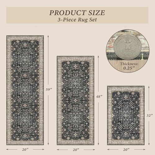 Black Boho Kitchen Rugs Set of 3, Non-Slip Machine Washable Kitchen Floor Mats, Low-Pile Runner Rug for Sink, Entryway, Bathroom, Laundry Room, Bedroom, Vintage Farmhouse Design by JTJ - Used condition - Image 2