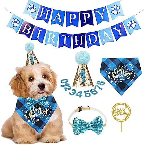 Adoggygo Dog Birthday Boy Bandana - Dog 1St Birthday Party Supplies - Dog 1St Birthday Hat Scarf Happy Birthday Banner Dog Boy First Birthday Outfit For Dogs Pets (Blue Hat&Scarf&Collar&Banner) #TOP2
