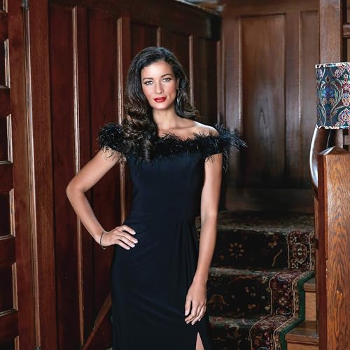 Alex Evenings Women's Long Length Off The Shoulder Gown with Front Slit and Maribou Detail Neckline, Formal Party Dress2