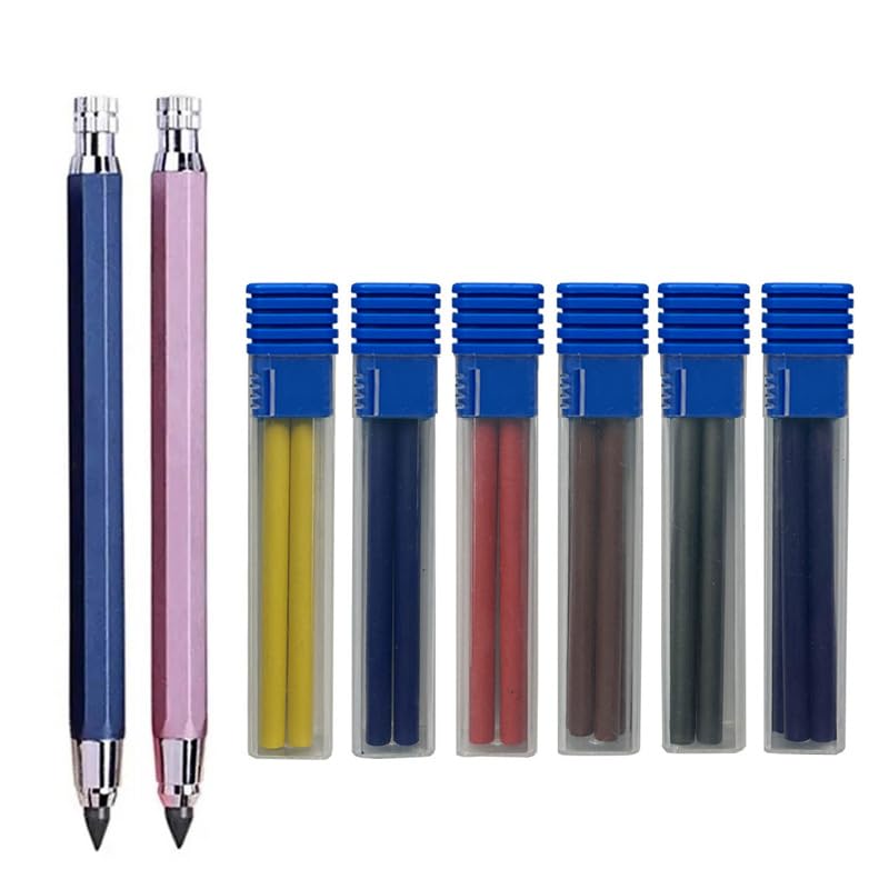 JOMPENS Juego de 8 portaminas de metal de 5,6 mm con minas de lápiz de grafito para ingeniería, marcado, bocetos, dibujo, construcción de arquitectura (azul y rosa)