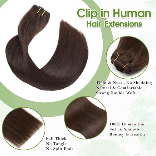 Image of Dark Brown Clip in Hair Extensions Real Human Hair 16inch 8pcs /65g Lightweight Straight Remy Human Hair Clip in Extensions for Women Dark Brown Seamless Human Hair Extensions Clip ins Double Weft