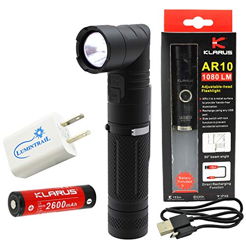 Klarus AR10 Adjustable-Head Flashlight Work Light USB Rechargeable 1080 Lumens Bundle with 2 Extra Energizer CR123A Batteries and Lumintrail USB Adapters
