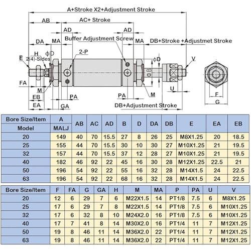 Vérin pneumatique MALJ32 avec course ajustable de 50 à 200 mm pour un montage compact