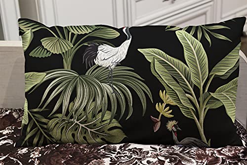 Wozukia Night Crane Bird 12X20 Inch Throw Pillow Covers Palm Trees Banana Tree Palm Leaves Floral Exotic Botanical Jungle Green Black Pillowcase Cotton Linen Lumbar Pillowcases For Farmhouse Sofa Car #TOP3