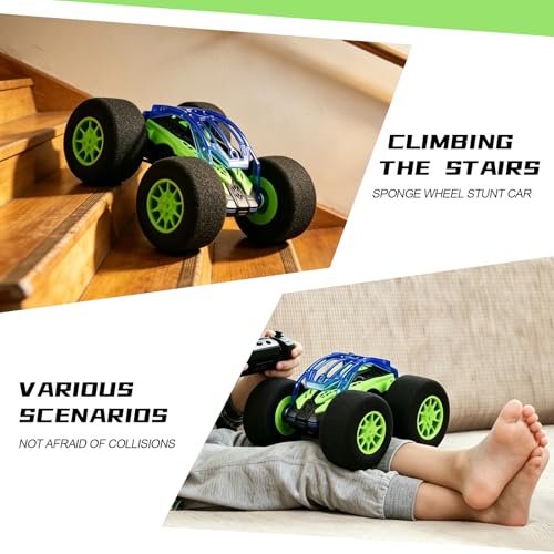 Image of pinkking Indoor Remote Control Car with Oversized Sponge Tires Stunt Soft Wheels RC Car Outdoor Indoor RC Vehicle Toy for Kids Double Sided 360 Rolling Rotating Vehicle for Boys Girls Gift, Green