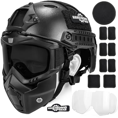 Casco e maschera tattica per softair e paintball, nero, tipo PJ, con occhiali regolabili staccabili, protezione integrale per softair, maschera integrale