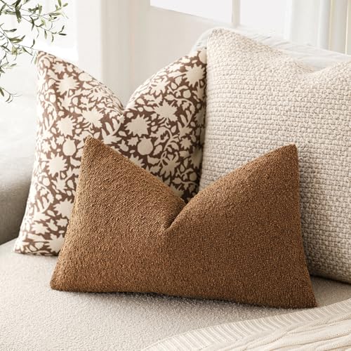 Image of Foindtower Pack of 2 Textured Boucle Throw Pillow Covers Accent Solid Decorative Lumbar Pillow Cases Cozy Couch Cushion Case for Chair Sofa Bedroom Living Room Home Decor 12x20 Inch Hazel Brown