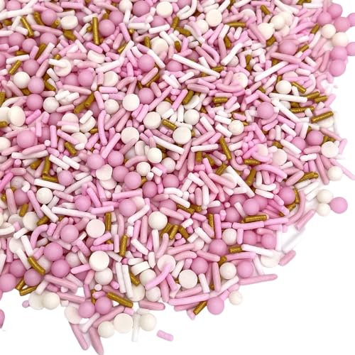 Image of Manvscakes, pink sprinkles, valentines, cake sprinkles, gluten free, cookies, chocolate, fondant, princess topping, ice cream, edible, dessert decoration (Gold Pink)