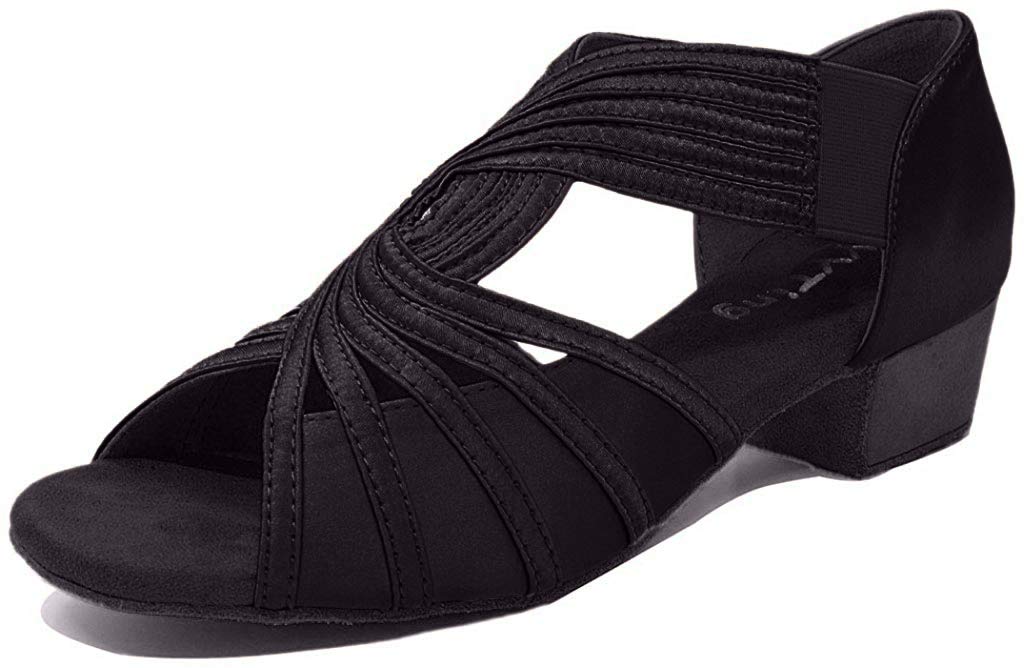 Low Heel Women Ballroom Dance Shoes Salsa Batchata Social Beginner Practice Wedding Dancing 1.5in Heels YT04(9.5, Black)