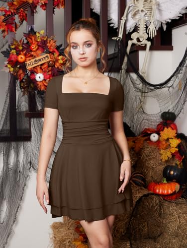 Image of XXTAXN Women's Sexy Square Neck Short Sleeve Ruched Tiered Ruffle Hem Flowy Club Party Mini Dress