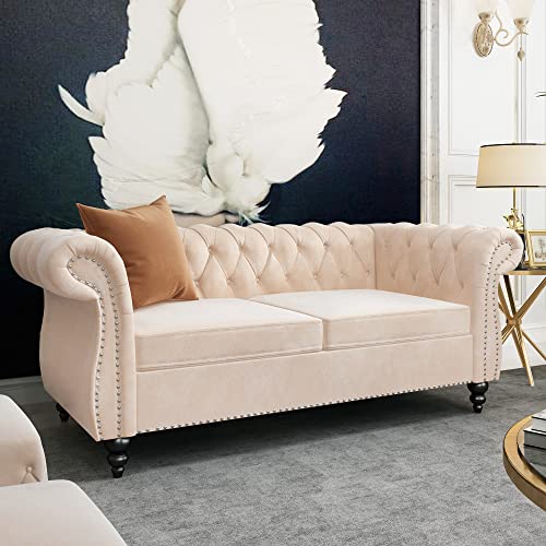 Image of ORRD Chesterfield Loveseat, Modern Velvet Sofa Tufted Couch 2 Seater with Scroll Arms and Nailhead for Living Room, Bedroom, Office, Apartment (Beige)