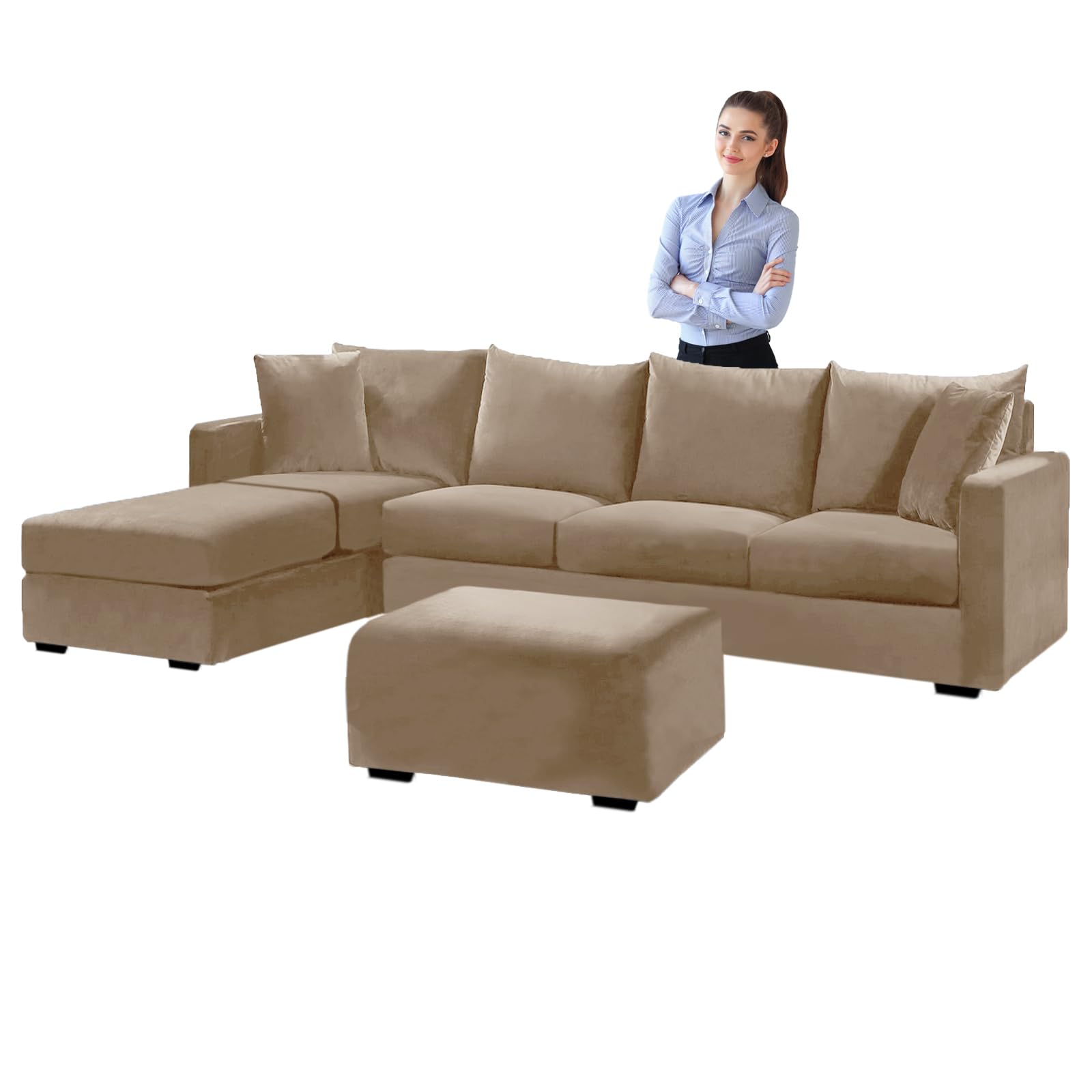 SYLC Velvet Sofa Covers L Shape, Stretch Corner Sofa Cover with Cushion Covers, Couch Cover Friheten Cover for U Sectional Sofa (Sand,Stool Square-L)