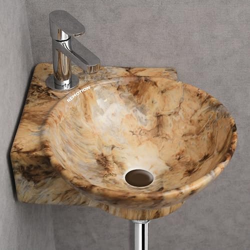 Image of REMOTION Wall Mounted Wash Basin for Bathroom | Wall Hung Corner Sink | Ceramic Round Wall Hung Wash Basin | Wall Hung Small Corner Basin (16.3 x 13.8 x 4.3 Inch) (Marble Brown)