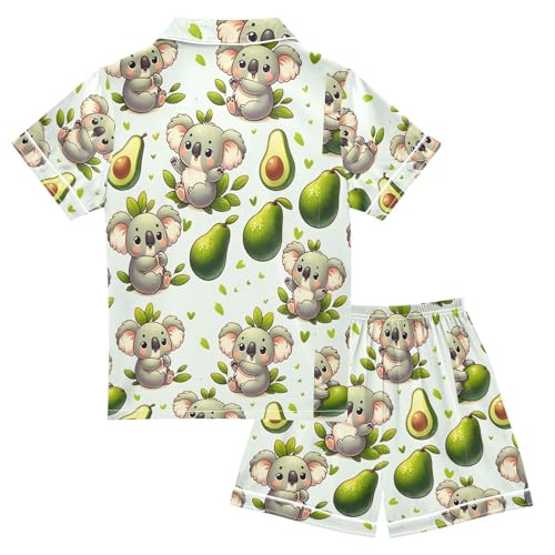 ALAZA Cartoon Koala Avocado Leaf Pajamas Satin Pajama Set Short Sleeve Button Down Sleepwear2