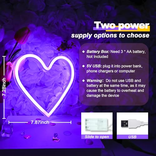 Image of Britrio Heart Neon Sign, Purple Love Neon Light Room Decor for Girl Bedroom LED Heart Lamp for Birthday Party Wall Decoration Home Decor Mothers Day Valentine Gifts Battery Operated or USB Powered