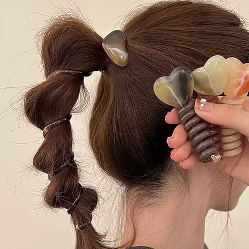 4 Piece Spiral Phone Cable Headbands, Heart Decor Phone Wire Hair Gums for Thick Hair, No Damage Coil Cable Gum, Accessories for women