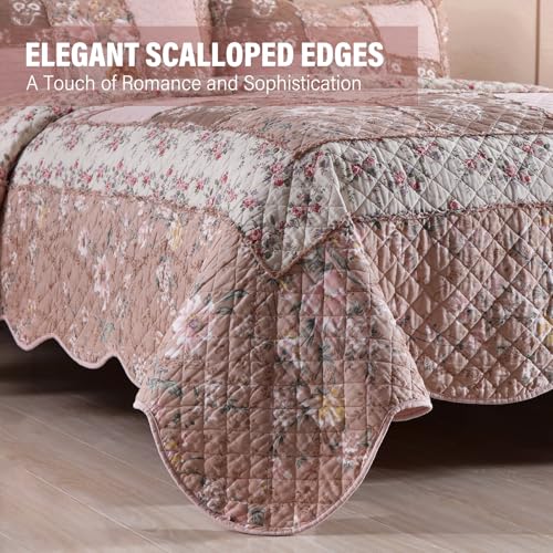 NEWLAKE Quilt Set Queen Size, Cotton Patchwork Pink Floral Quilt Sets, Real Stitched Embroidery Bedspread Lightweight and Breathable for All Seasons, Soft Quilted with 2 Pillow Shams