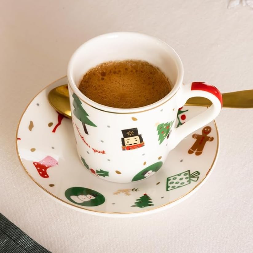 Tazzine Caffè, Set 6 Pezzi Fantasia del Natale in Porcellana con Piatto – Tazzine Caffè Particolari con Decorazioni Natalizie e Idea Regalo Natale per la Tavola delle Feste