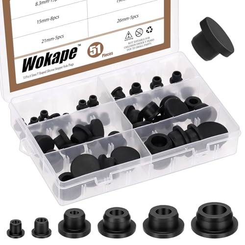Image of 51Pcs High Temp Silicone Plug Mount Set, 8MM 10MM 15MM 19MM 21MM 26MM Hollow T Shaped Rubber Stopper Hole Plugs for Wiring, Wire Cable, Hole Plugs, Automotive, Firewall, Desk, Water Pipe