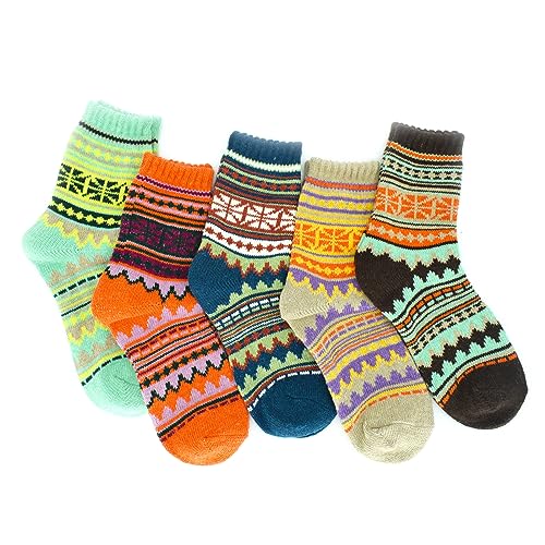 Image of 5 Pairs Vintage Winter Women's Warm Thick Knitted Soft Wool Socks Gifts Cozy Crew Socks