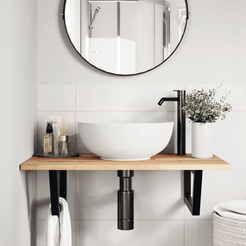 Estantería para lavabo de pared de acero y madera de acacia maciza, 100 x 50 cm, soporte trapezoidal que ahorra espacio para armario de baño, almacenamiento, lavabo, baño, organizador
