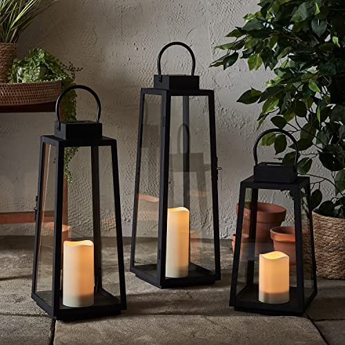 Lights4fun Set of 3 Solar Powered Black Metal Trapeze LED Decorative Candle Lanterns Warm White LED for Outdoor Use