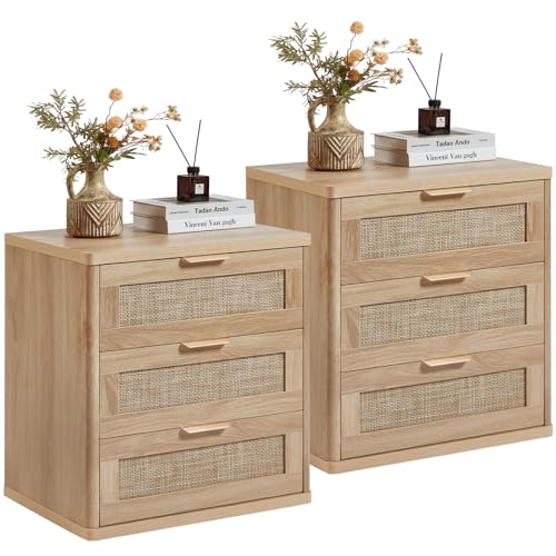 Image of LEYAOYAO Rattan Night Stand Set of 2 with Drawers, 23 inch Large 3 Drawer Boho Nightstand, Natural Wood Bedside Table Storage Cabinet, Bed Side End Tables Dresser for Bedroom, Living Room, Hallway, Closet
