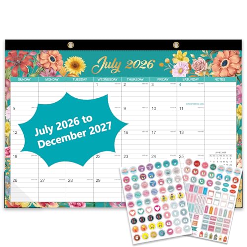 Desk Calendar 2026-2027 - 18 Month Desk Calendar july 2026-2027 Dec 17 x 12 Large Monthly Desktop Calendar with Plastic Cover Thick Paper Corner Protectors - Floral (2 Stickers Included)