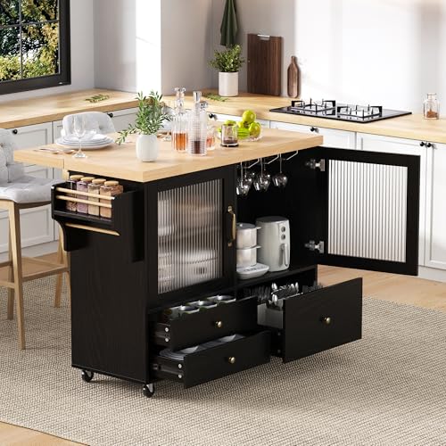 HMHKHN Isla de cocina móvil, carrito de cocina, mesa de comedor extensible, armario de buffet, armario de cocina con ruedas, soporte para copas de vino y espacio de almacenamiento, para cocina - imagen 8