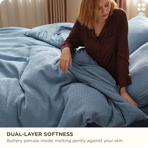 Image of Bedsure Cotton Duvet Cover Queen - 100% Cotton Waffle Weave Grey Blue Duvet Cover Queen Size, PureWoven Breathable Bedding Set for All Season, 3 Pieces, 90 inchx90 inch