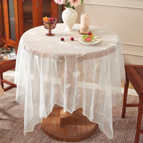 Huierxun White Lace Tablecloth 55 x 55 Inch Vintage Beige Floral Embroidered Square Table Cloth Rustic Boho Shabby Chic Wedding Bridal Shower Table Cover Overlay (Beige B,55"x55")