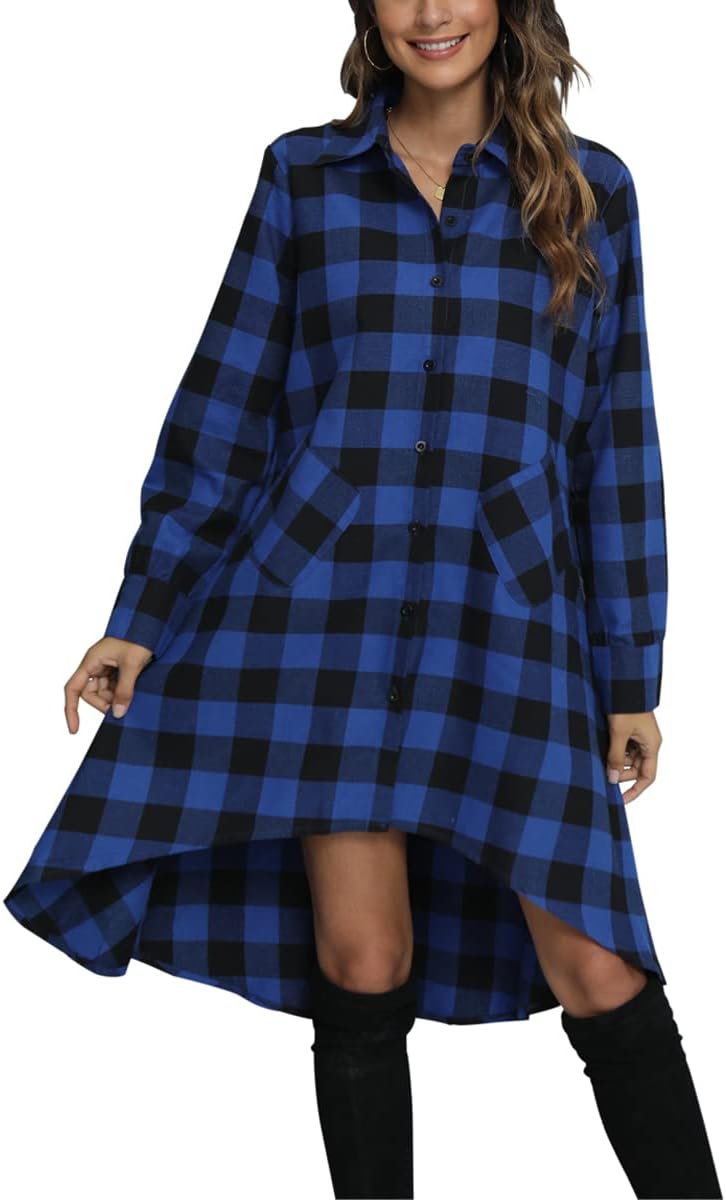 olrain Womens Plaids V Neck Long Sleeve Irregular Hem Casual Shirt Dress - Image 3