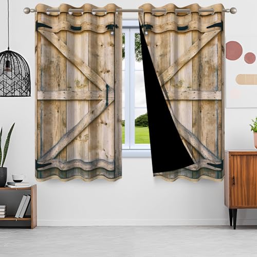 Qinunipoto カーテン 木目 米国 穀倉木製ドア 160cm丈 2枚セット アメリカンカントリースタイル 遮光 プリントカーテン 防寒 ポリエステル製 窓かーてん ウィンドウ ブラインド シェード おしゃれ インテリア 間仕切り 目隠し 断熱 遮断