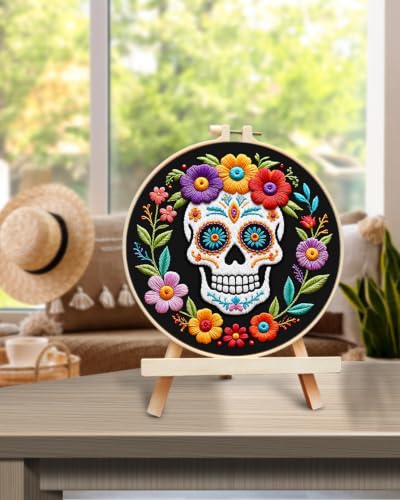 Image of TINDTOP Embroidery Kit for Adult Beginners, Embroidery DIY Starter Kit, with Stamped Patterns, Hoop, Tools, Colorful Threads with Needles, Instructions (Skeleton B)