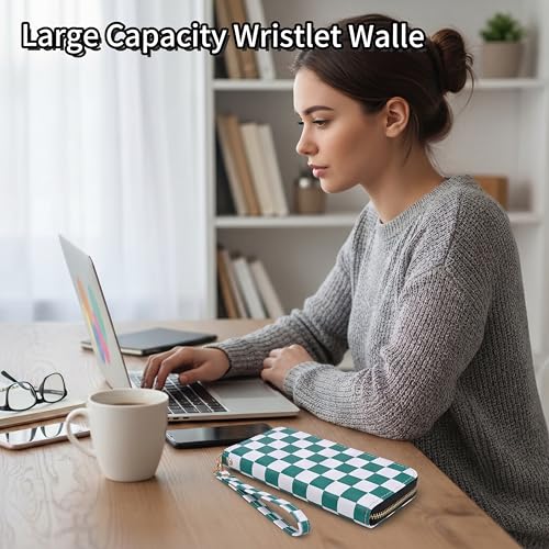 Image of Checkered Highland Cow Print Book Wallet For Women Skull Goth Frog Butterfly Ladies Cluth Wristlet Wrist Strap Long Purse Zip Around Card Holder