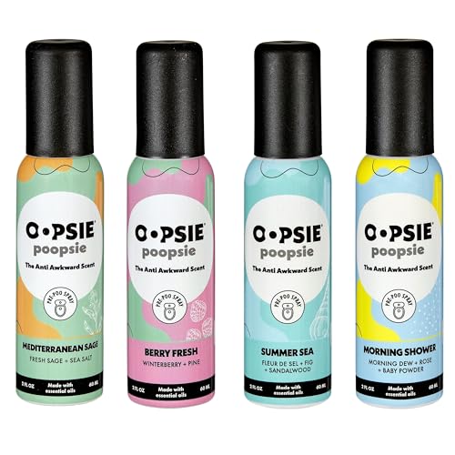 Oopsie Poopsie Toilet Spray Before & After You Go Bathroom Odor Eliminator & Neutralizer Spray Travel Size with Essential Oils TSA Approved Variety 4 Pack 2 Oz.