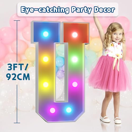 Image of Imprsv Colorful 3FT Marquee Letters U, 18 Colors Large Light up Letters | RGB with Remote, Birthday Party Decorations Anniversary Wedding Decorations Assembly Required 20 Pcs Accessory Set