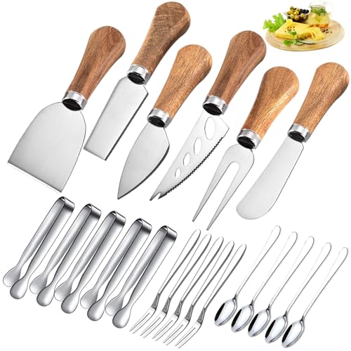 YUANQIAN 21Pcs Charcuterie Board Accessories Spreader Knife Set Cheese Butter with Wooden Handles Mini Serving Tongs Spoons Forks Toothpick Flags for Party Wedding Christmas