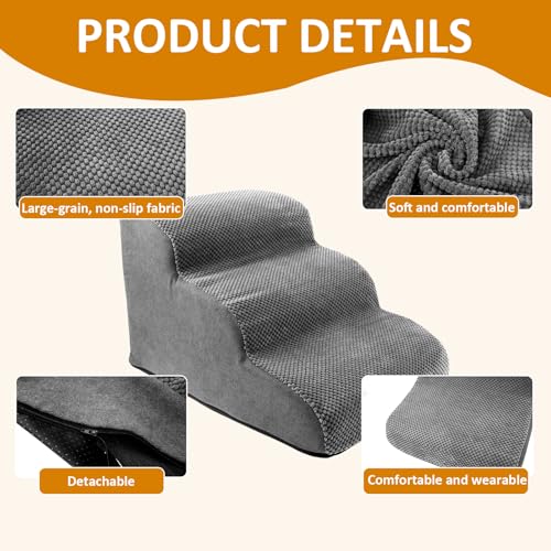 Hunde Treppe Bett 3 Stufen Haustiertreppe 35cm Hoch für Kleine Hunde Hundetreppe mit Waschbarem Bezug und Rutschfestem Boden für Bett Sofa und Auto Bezug Grau aus Hochdichtem Schwamm (grau, M, 3)