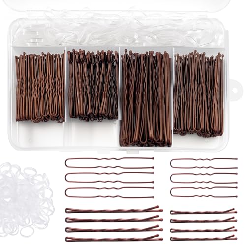 Jiaoshou Pan 300 Horquillas Pelo Mujer, Horquillas Moño en U 2 Pulgadas 2.36 Pulgadas, Pasador de Pelo Ondulado 2 Pulgadas 2.75 Pulgadas con Transparente Gomas y Caja de Almacenamiento (Marrón)