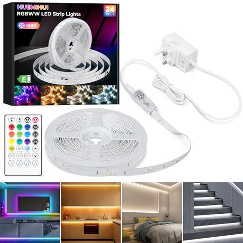 15M RGBWW+IC LED Strip Lights,Dimmable Multi-Colored+3000K-6500K LED Lights with Remote,Self-adhesive Color Changing Flexible Tape Lights,24V Cuttable DIY Light Strip for Indoor Bedroom Wardrobe Stair