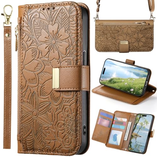 BaiFu Funda Tipo Cartera para OPPO A96 4G para Mujer, 6 tarjeteros, Soporte, Cierre magnético, Carcasa con Cremallera para OPPO A96 4G-Marrón
