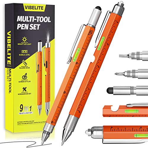 VIBELITE 11 in 1 Multitool Pen Set with LED, Stylus, Level, Screwdriver, Flathead, Gadgets for Men Gifts for Dad, Birthday Gifts for Men, Him, Husband, Father, Orange